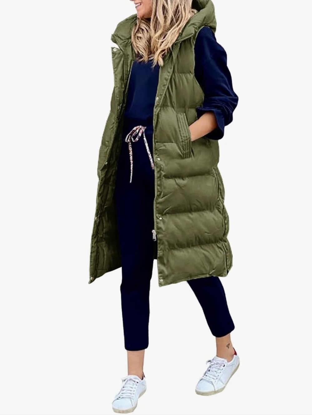 Long Puffer Hooded Vest - Olive